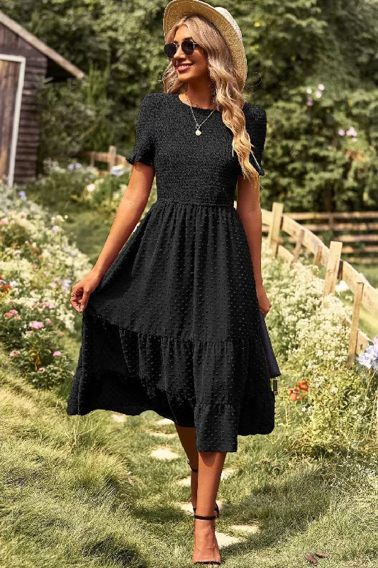 Swiss Dot Smocked Round Neck Short Sleeve Midi Dress Stylish High-Waisted Midi Dress