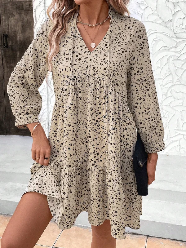 Tied Printed Long Sleeve Mini Dress Stylish Ribbed Mini Dress