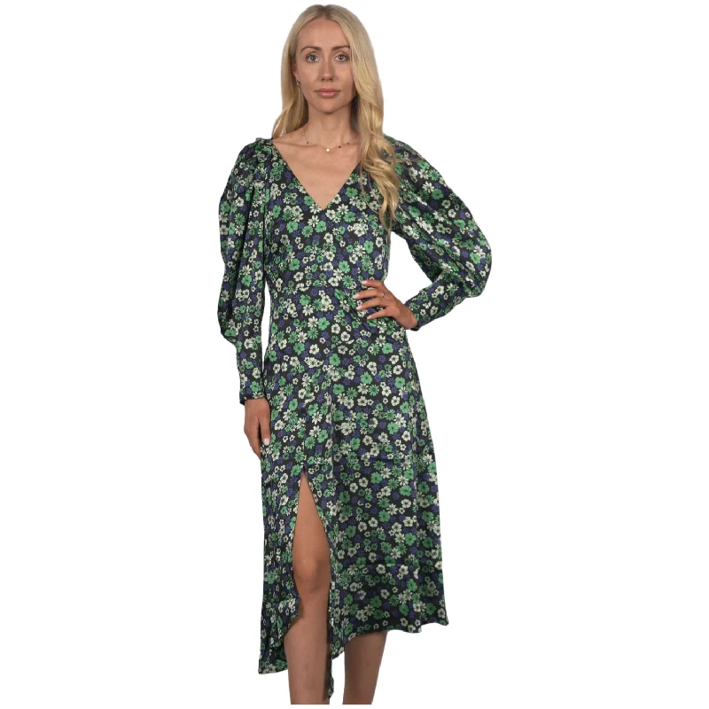 Topshop Women's Longsleeve Satin Floral Print Midi Dress - Green Comfortable Sleeveless Midi Dress