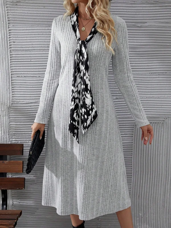 V-Neck Long Sleeve Midi Dress Elegant Faux Wrap Midi Dress