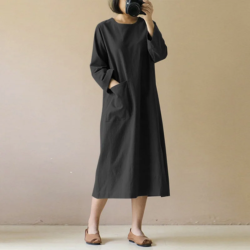 Vintage Linen Ling Sleeves Women Midi Dresses Comfortable Casual Midi Dress