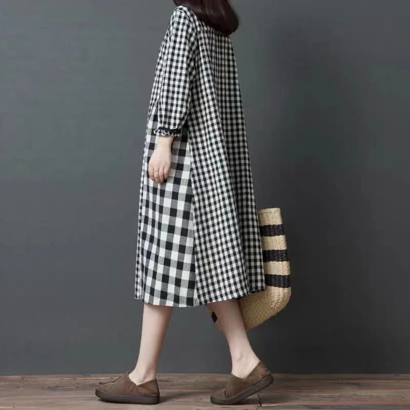 Vintage Plaid Long Sleeves Midi Dresses Cozy Spaghetti Strap Midi Dress