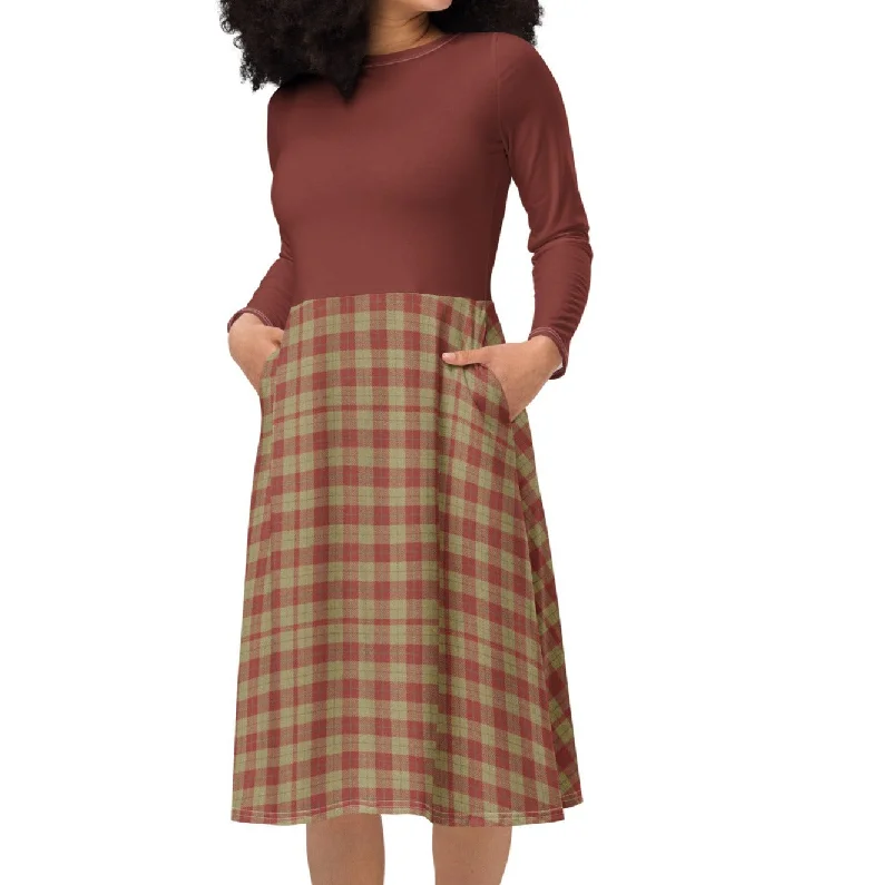 Vintage Red Plaid Midi Dress (S-6XL) Stylish Pleated Skirt Midi Dress