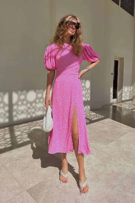 Viscose Puff Sleeve Slit Midi Dress Fashionable Casual Midi Dress