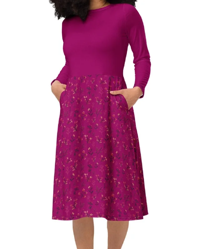 Viva Magenta Floral Long Sleeve Midi Dress (S-4XL) Cozy Wide Strap Midi Dress