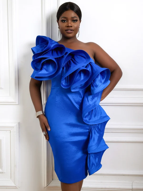 AOMEI Ruffle Shiny Blue One Shoulder Midi Dress Elegant Velvet Midi Dress