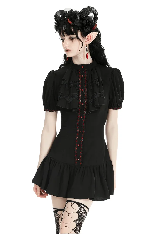 Women's Gothic Puff Sleeves Ruffle Mini Dress with Buttons Trendy Bodycon Mini Dress