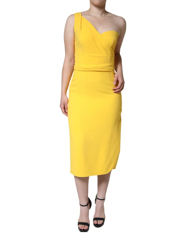 Yellow One Shoulder Side Slit Midi Dress Trendy Smocked Detail Midi Dress