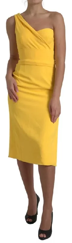 Yellow One Shoulder Side Slit Midi Dress Stylish Midi Dress with Cuffs