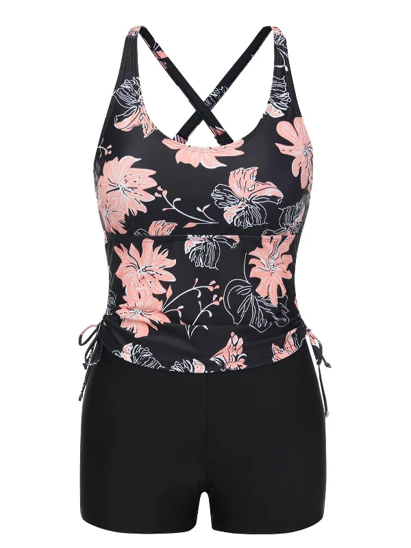 1930s Pink Floral Lace-Up Tankini Modern High-Waisted Swimsuit