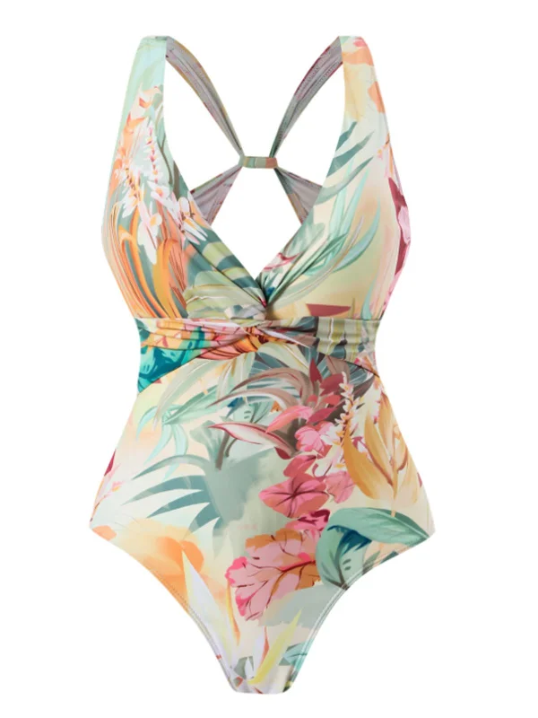 1940s Floral V-Neck Tie-Waist Swimsuit High-Cut One-Piece