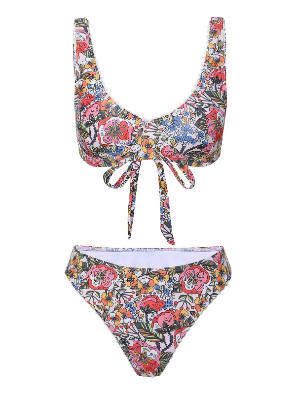 1940s Hippie Floral Wide Strap Swimsuit Ruched Swimwear Set