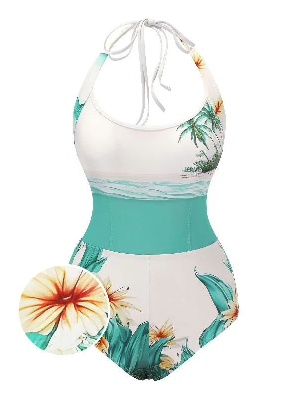 1950s Coconut Tree & Beach Patchwork Swimsuit Luxury Swimsuit Style