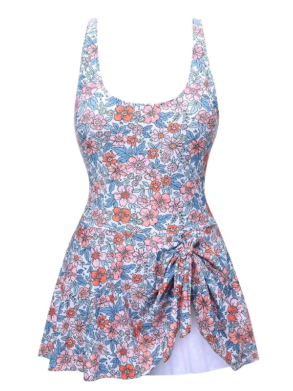 1950s Floral Knot Wide Strap Skirt Swimsuit Beach Ready Swimsuit