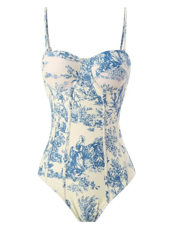 1950s Ink Floral Spaghetti Strap One-Piece Swimsuit Swim Skirt Set