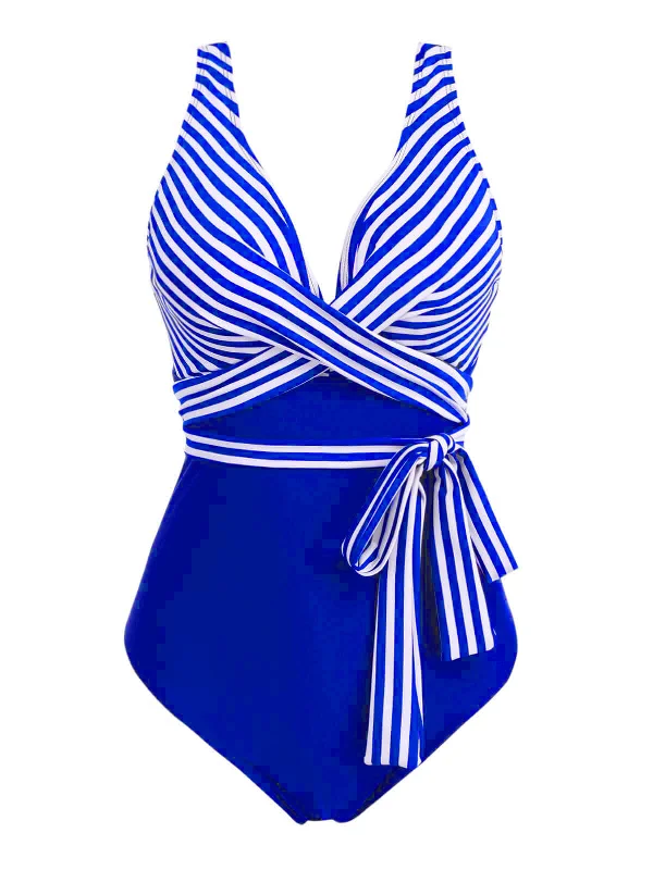 [Plus Size] 1950s Stripe Lace Up Patchwork One-Piece Swimsuit Full Coverage Swimsuit