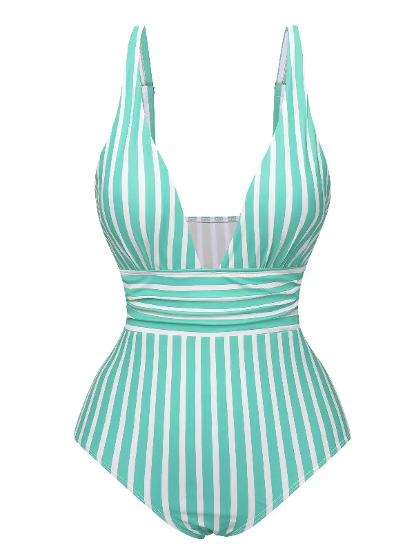 1950s Stripes Spaghetti Strap One-Piece Swimsuit Summer Ready Swimsuit