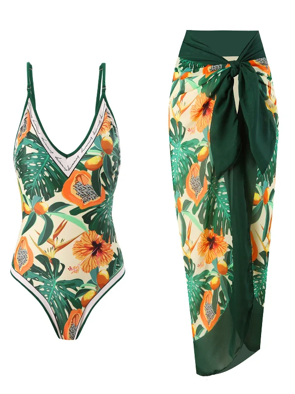 1950s Tropical Print One-Piece Swimsuit & Cover-Up Sexy Swimwear Set