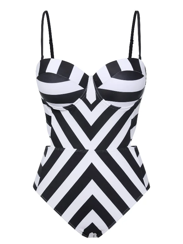 1960s Black White Contrast Stripes Swimsuit Beach Ready Swimsuit