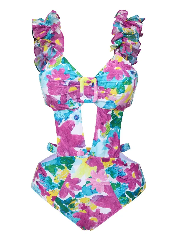 1960s Floral Ruffle Cutout Swimsuit Swim Skirt Set