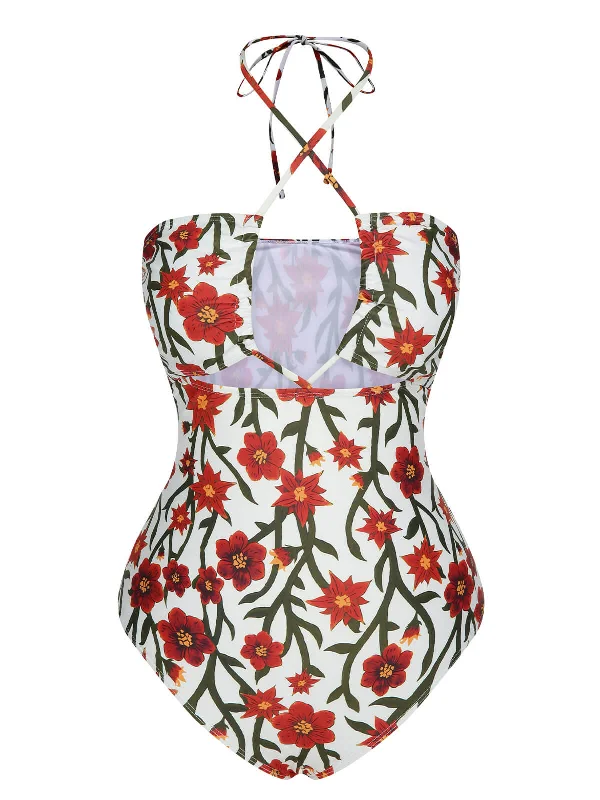 1960s Front Hollow Floral Halter Swimsuit Bold Color Swimsuit