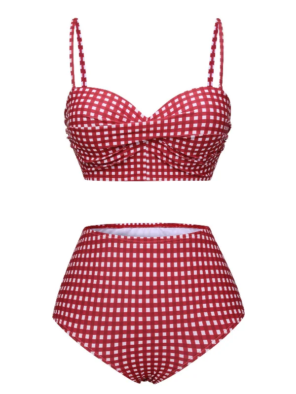 1950s Gingham Plaid Suspender Swimsuit Tropical Print Bikini