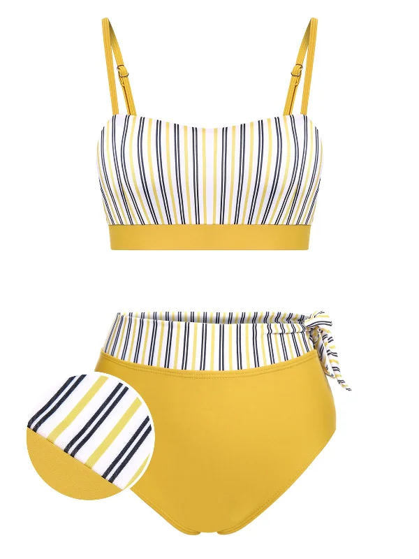 2PCS Yellow 1940s Striped Patchwork Swimsuit Reversible Bikini Set