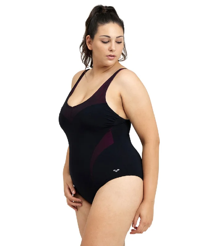 Arena Women's Plus Size Isabel Light Cross Back One Piece Swimsuit Black/Rose Violet Strap Bikini Set