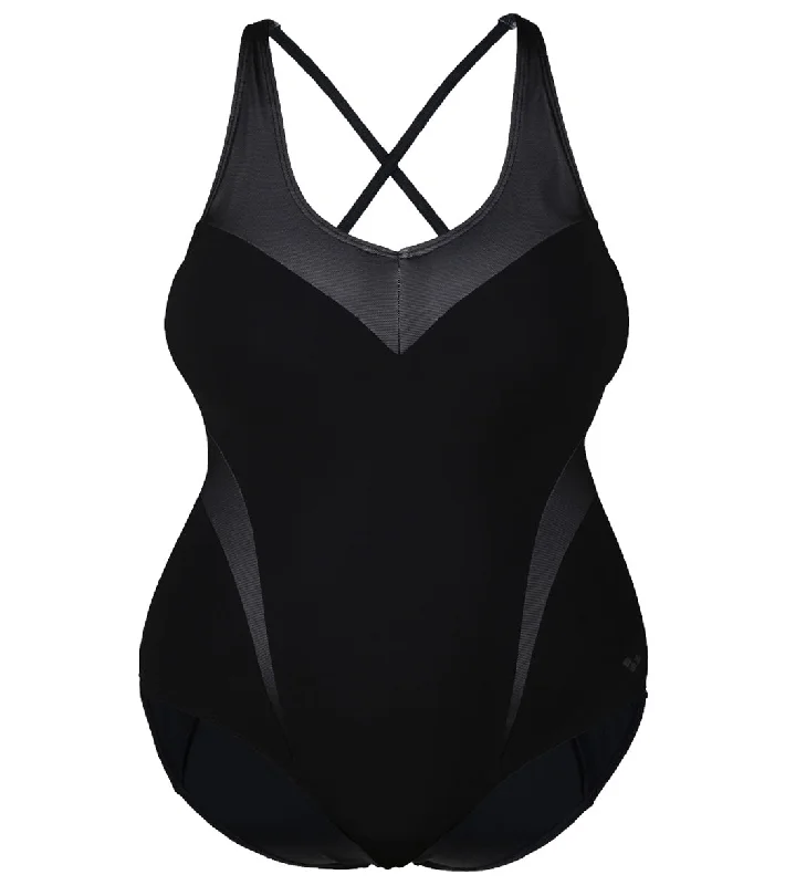 Arena Women's Plus Size Isabel Light Cross Back One Piece Swimsuit Black/White Solid Color Swimsuit