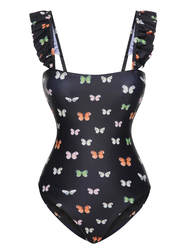 Black 1950s Butterfly Flare Sleeve One-Piece Swimsuit Sexy Swimwear Set