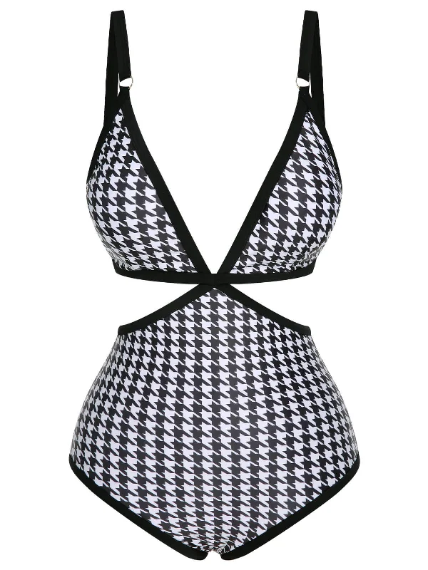 Black 1950s Houndstooth Waist Cutout Swimsuit Tie-Back Swimwear