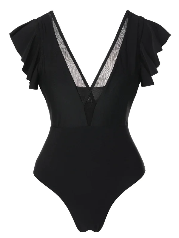 Black 1950s Solid Ruffle Sleeve One-Piece Swimsuit Minimalist One-Piece