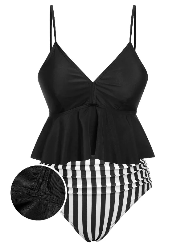 Black 1950s Striped Printed Separate Swimsuit Summer Ready Swimsuit