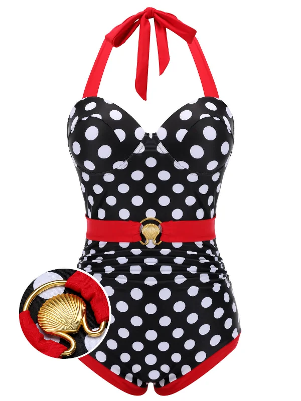 Black & Red 1950s Dots Halter Swimsuit Solid Color Swimsuit