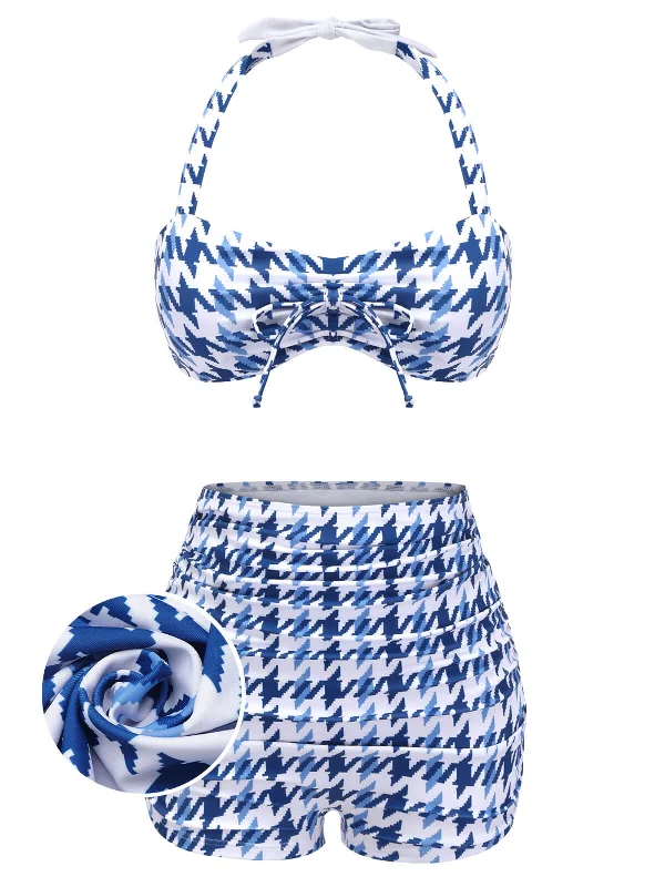 Blue 1940s Houndstooth Bow Halter Swimsuit Floral Print Swimsuit