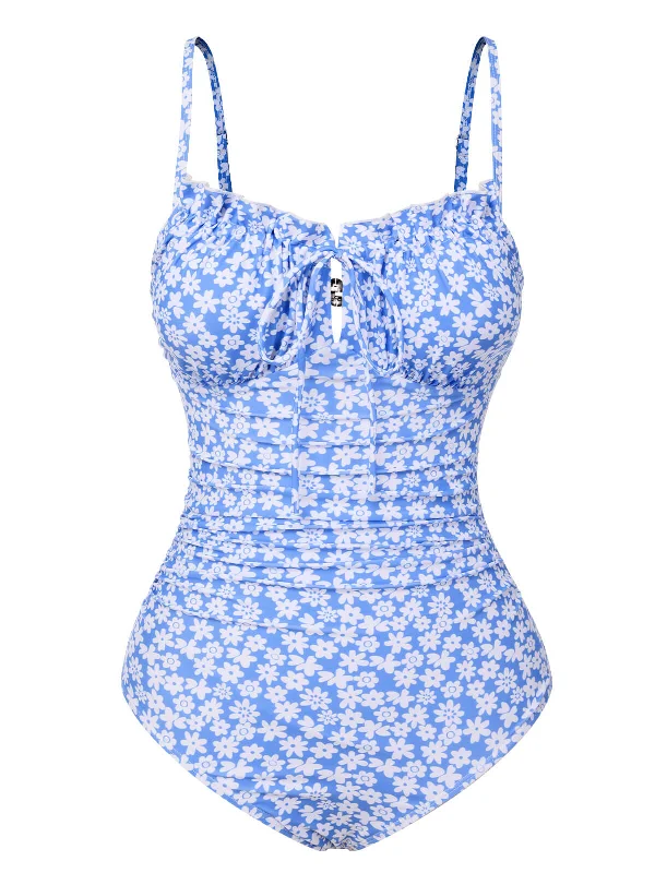 Blue 1950s Ditsy Floral Strap Swimsuit Tropical Print Bikini