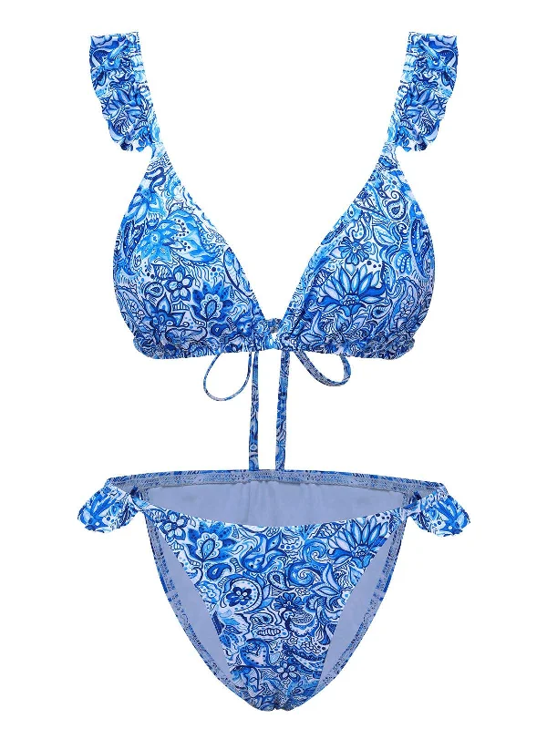 Blue 1950s Paisley Print Ruffle Trim Triangle Bikini Swimsuit Sleek Full Coverage