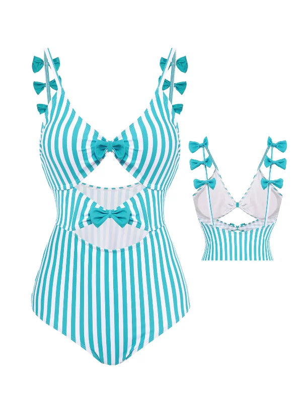 Blue 1960s Stripe Strap Bow One-Piece Swimsuit Elegant Ruffled Bikini