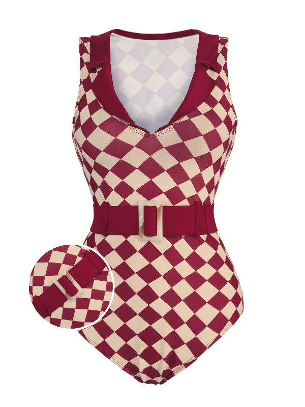 1930s Burgundy Diamond Lapel One-Piece Swimsuit Sleek Full Coverage