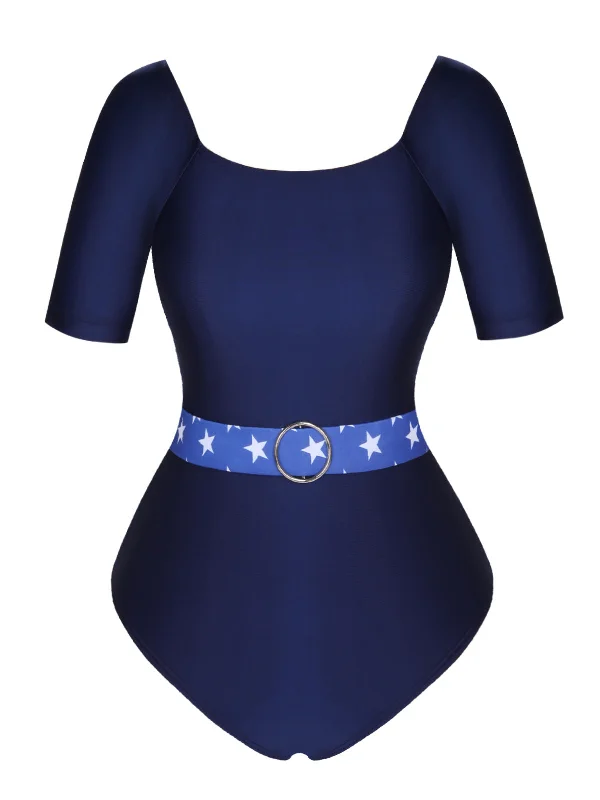 Dark Blue 1940s Stars One-Piece Swimsuit Quick-Dry Swimsuit