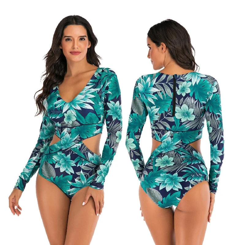 Long Sleeve One Piece Surfing Swimwear Ruffled Swimsuit Top