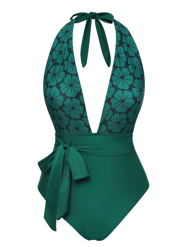 Green 1940s Floral Deep V-Neck Halter Swimsuit Sexy Two-Piece Set