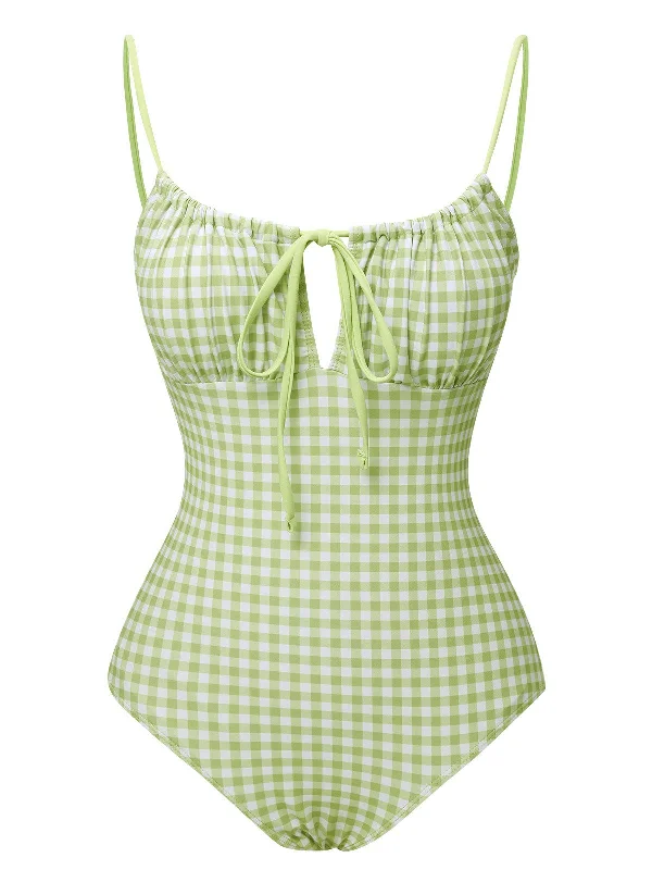 Green 1940s Plaid Chest Elastic Drawstring Swimsuit Classic One-Piece