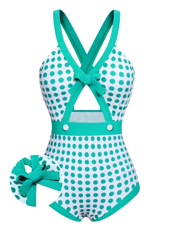 Green 1940s Polka Dot Bowknot One-Piece Swimsuit Halter Top Bikini