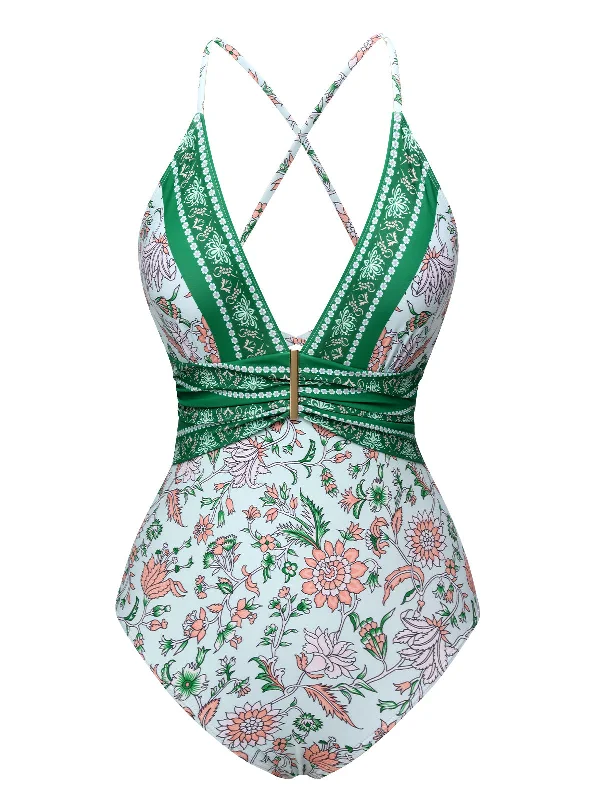 Green 1950s Floral Spaghetti Strap Swimsuit Mesh Swimsuit Top