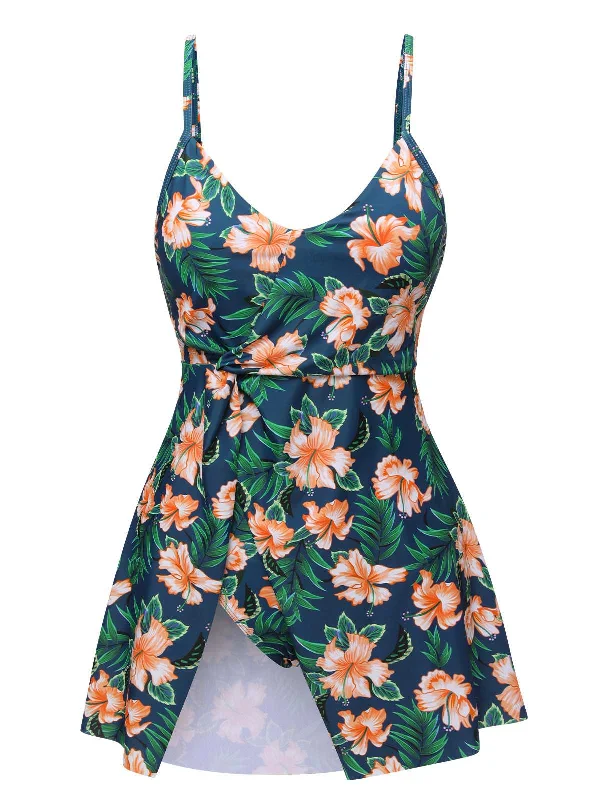 Green 1950s Spaghetti Strap Floral Swimsuit Beach Ready Swimsuit