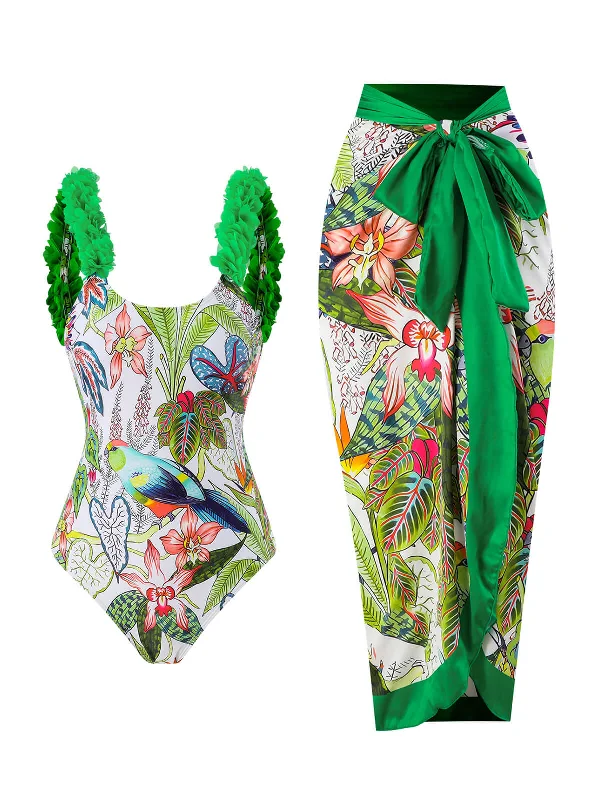 Green 1960s Floral Bird Swimsuit & Cover-Up Soft Beachwear Set