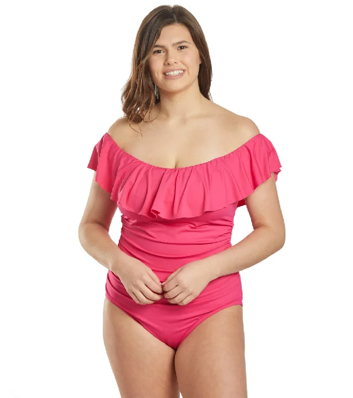 La Blanca Plus Size Island Goddess Off Shoulder Ruffle One Piece Swimsuit Pink Strapless Swimsuit Top La Blanca Plus Size Island Goddess Off Shoulder Ruffle One Piece Swimsuit Pink Strapless Swimsuit Top