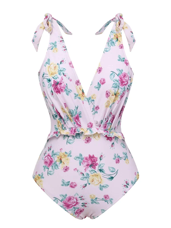 Lavender 1940s Floral Shoulder Tie Swimsuit High-Waist Bikini Set