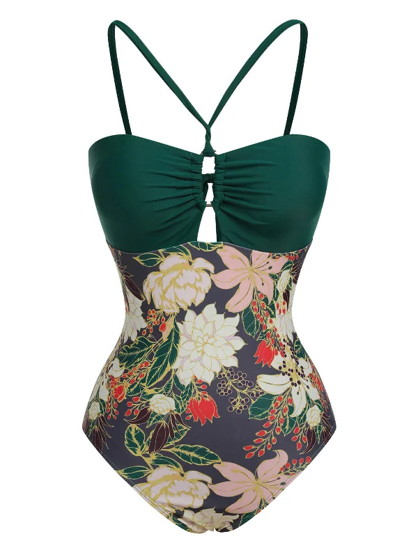 Multicolor 1960s Floral Halter One-Piece Swimsuit Vintage Swimwear Look